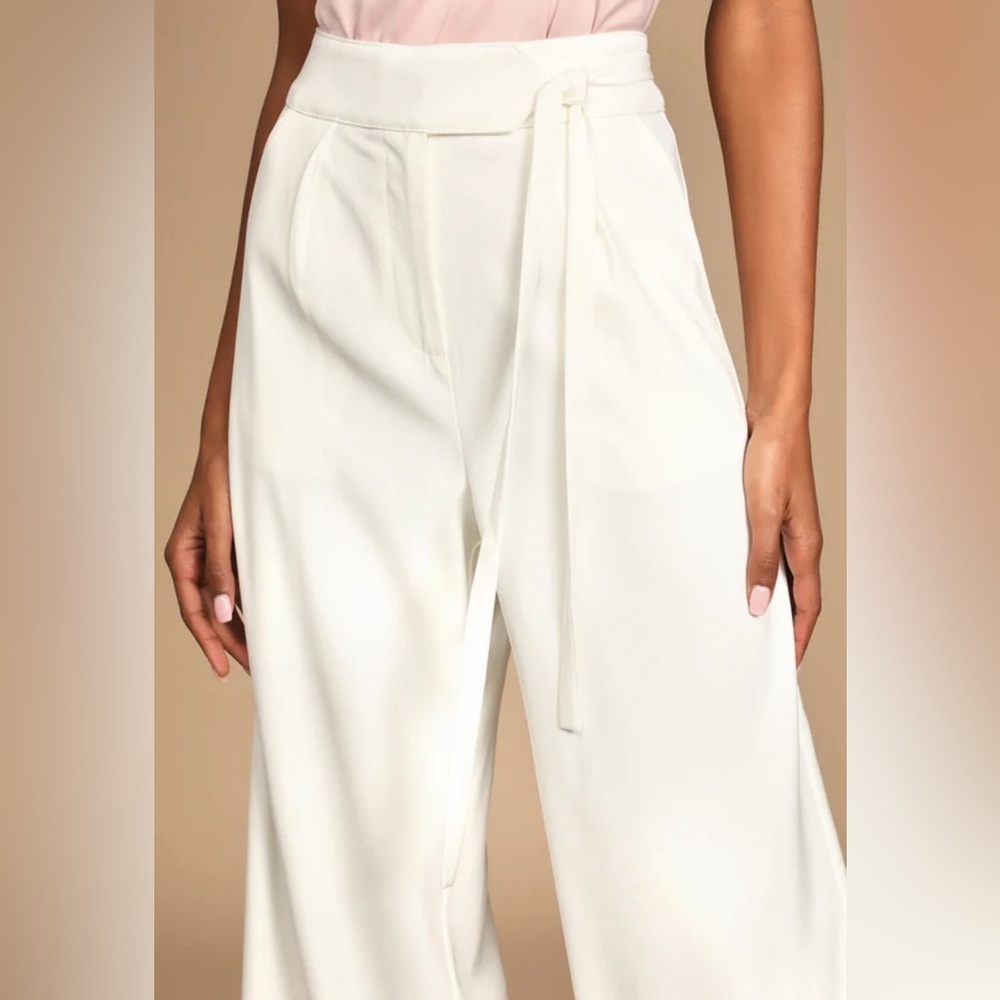 SALE! NWT Lulus Chic Sophistication wide leg side tie pants Cream Ivory Size M - Picture 2 of 7